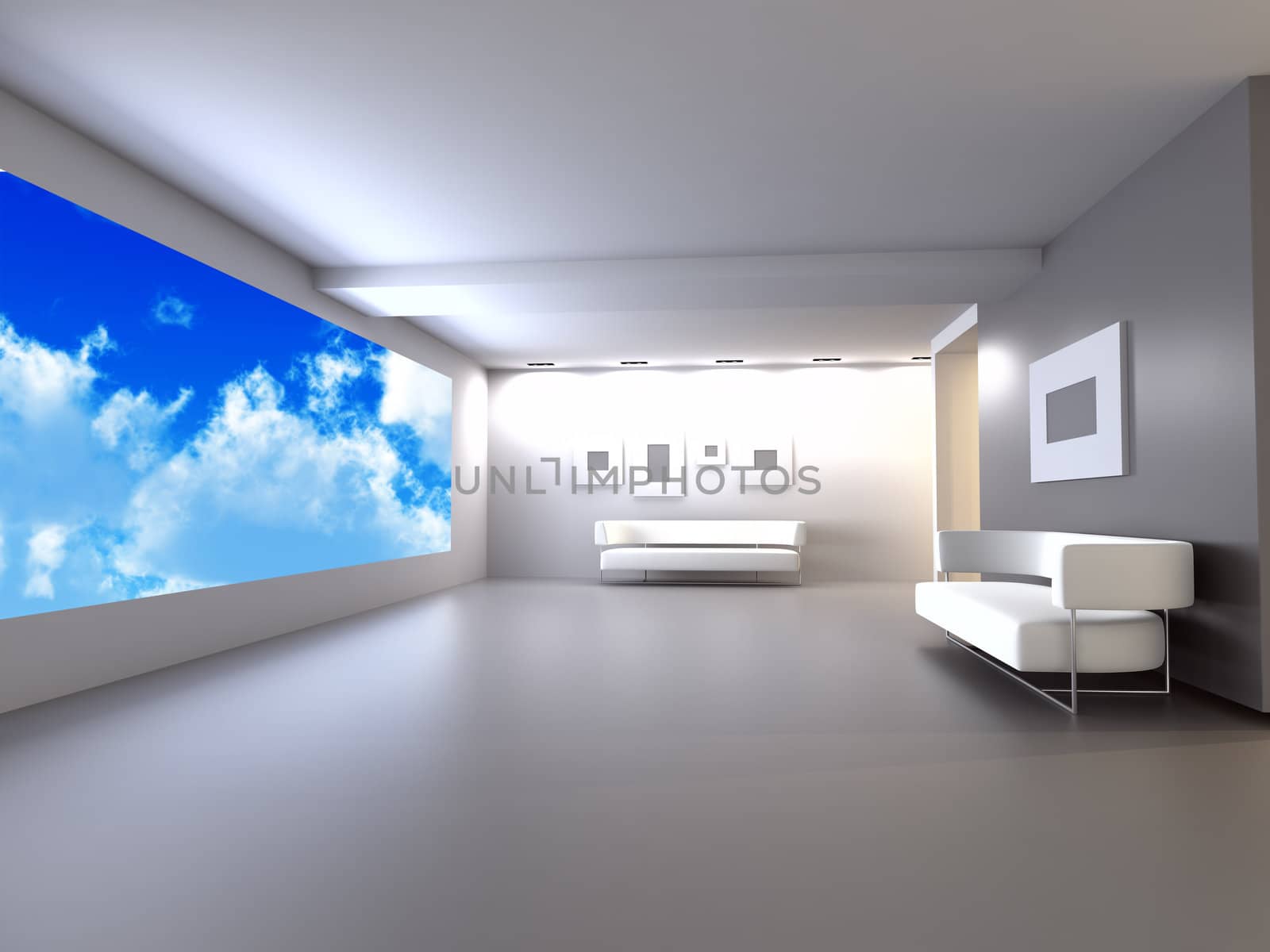 room with sofa in light tones with blue of the sky in the open window