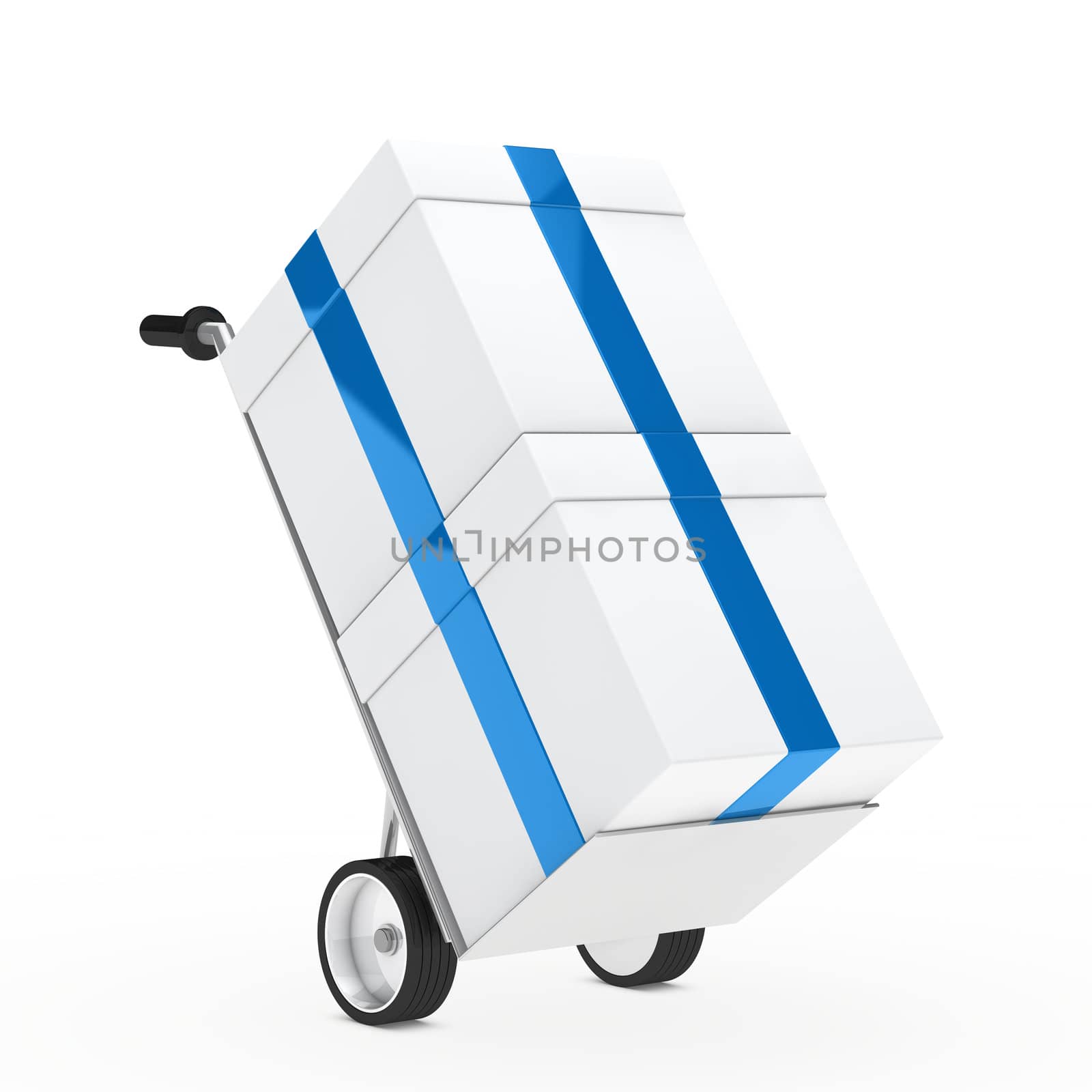 christmas gift box blue ribbon hand truck