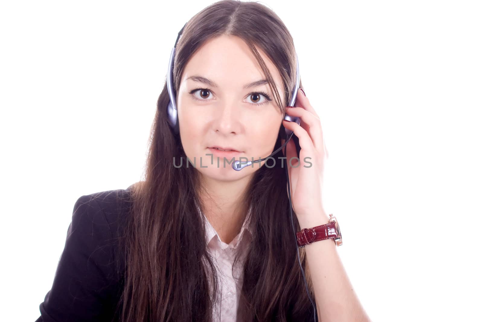 Woman with the headphones isolated on the white background.