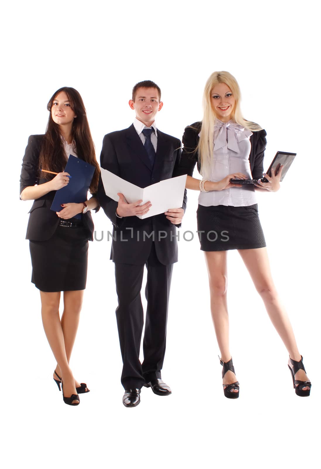 The business team isolated on white background. One business man and two woman.