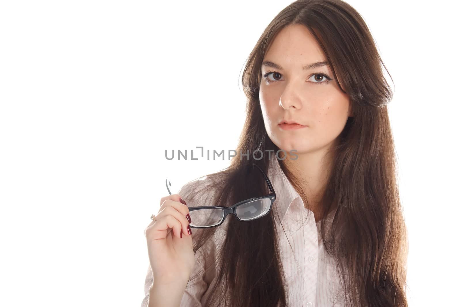 Businesswoman with the glasses on the white background.