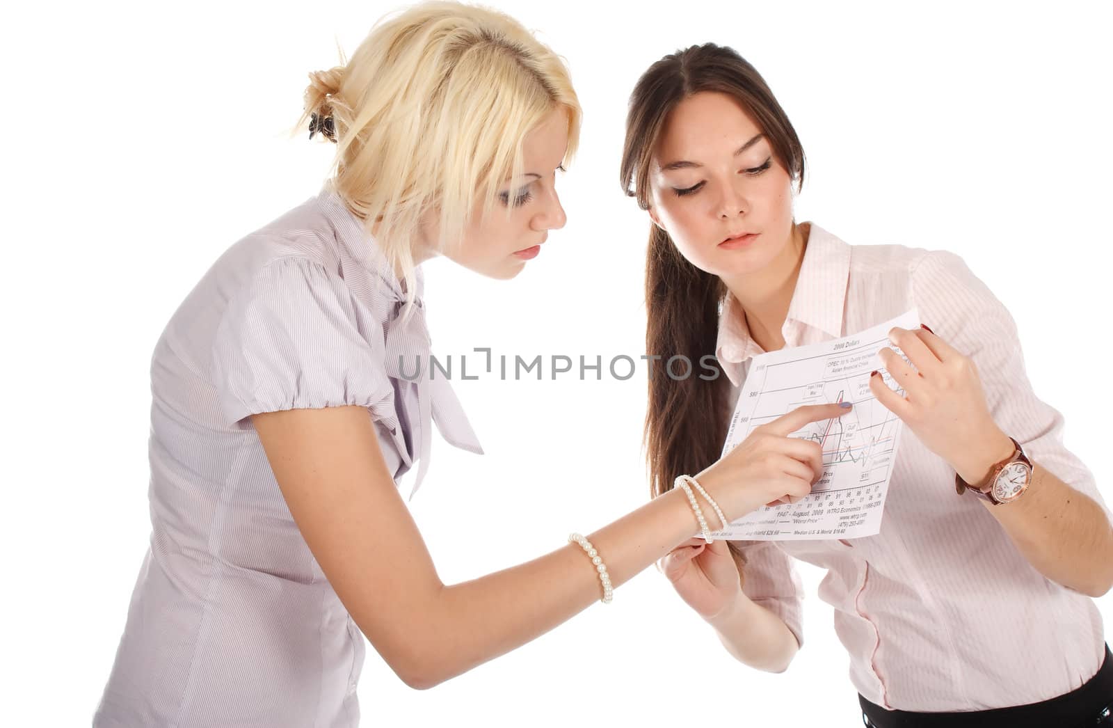 Two happy businesswomen with the grath on the white background.