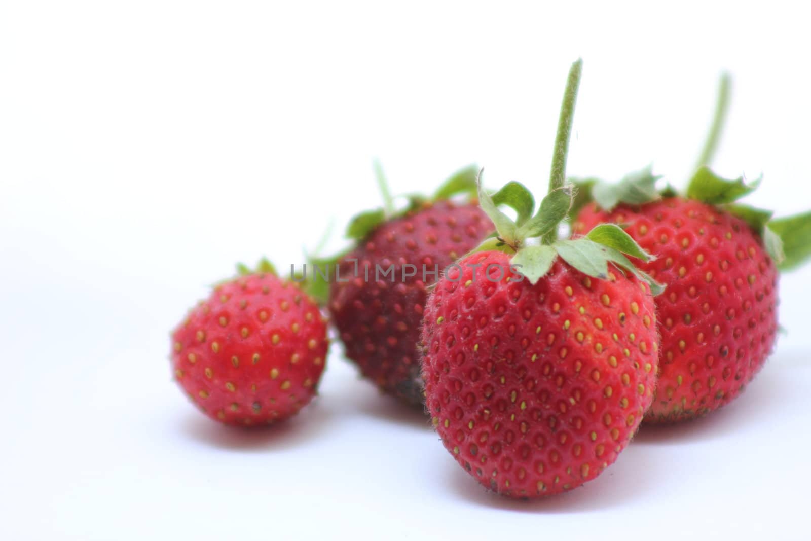Strawberries grouped together with stems attached.