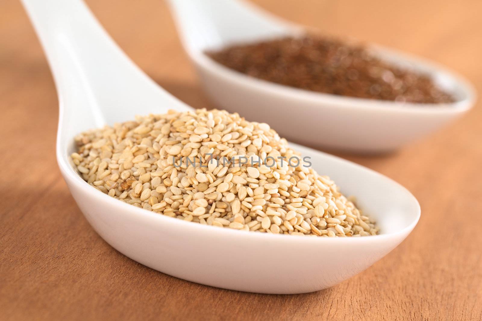 Sesame seeds and brown flax seeds on ceramic spoon (Selective Focus, Focus one third into the sesame seeds)