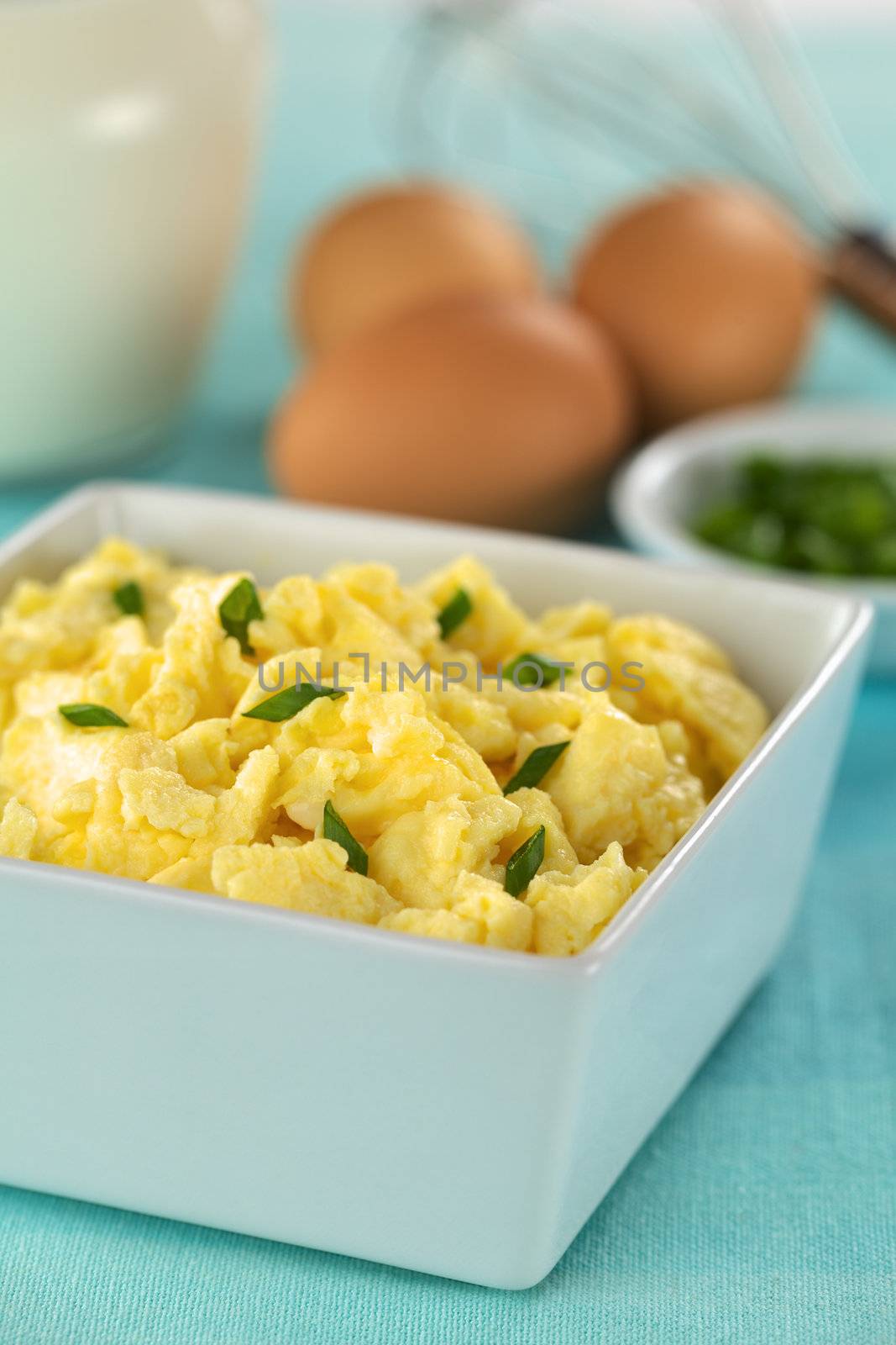 Scrambled eggs with green onion in bowl with ingredients in the back (Selective Focus, Focus one third into the bowl) 