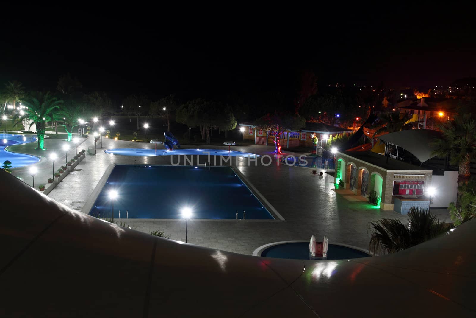 Night view of  the swimming pool of the hotel in Kushadasi, Turkey