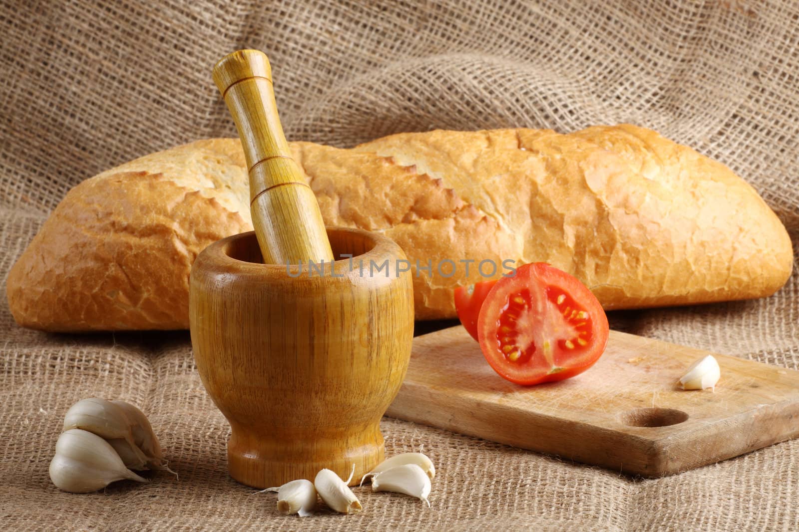 Homemade bread and bulb of garlic 