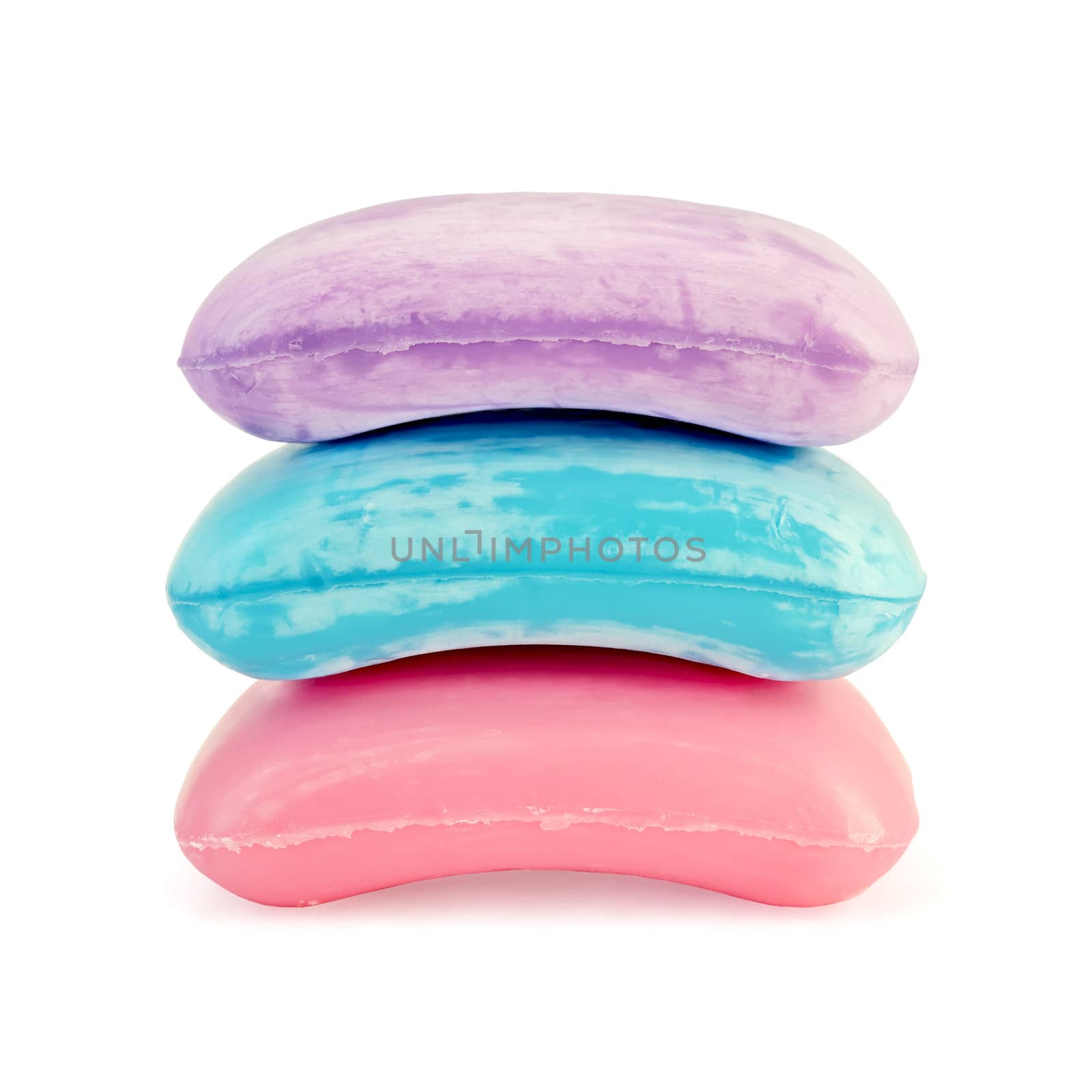 Three pieces of soap pink, blue and purple colors isolated on white background