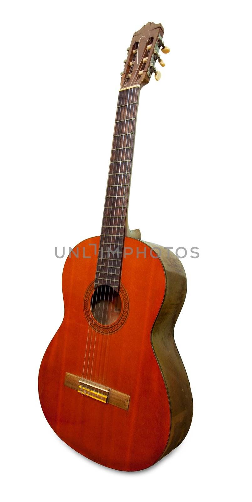 Old Classical acoustic guitar isolated on white background