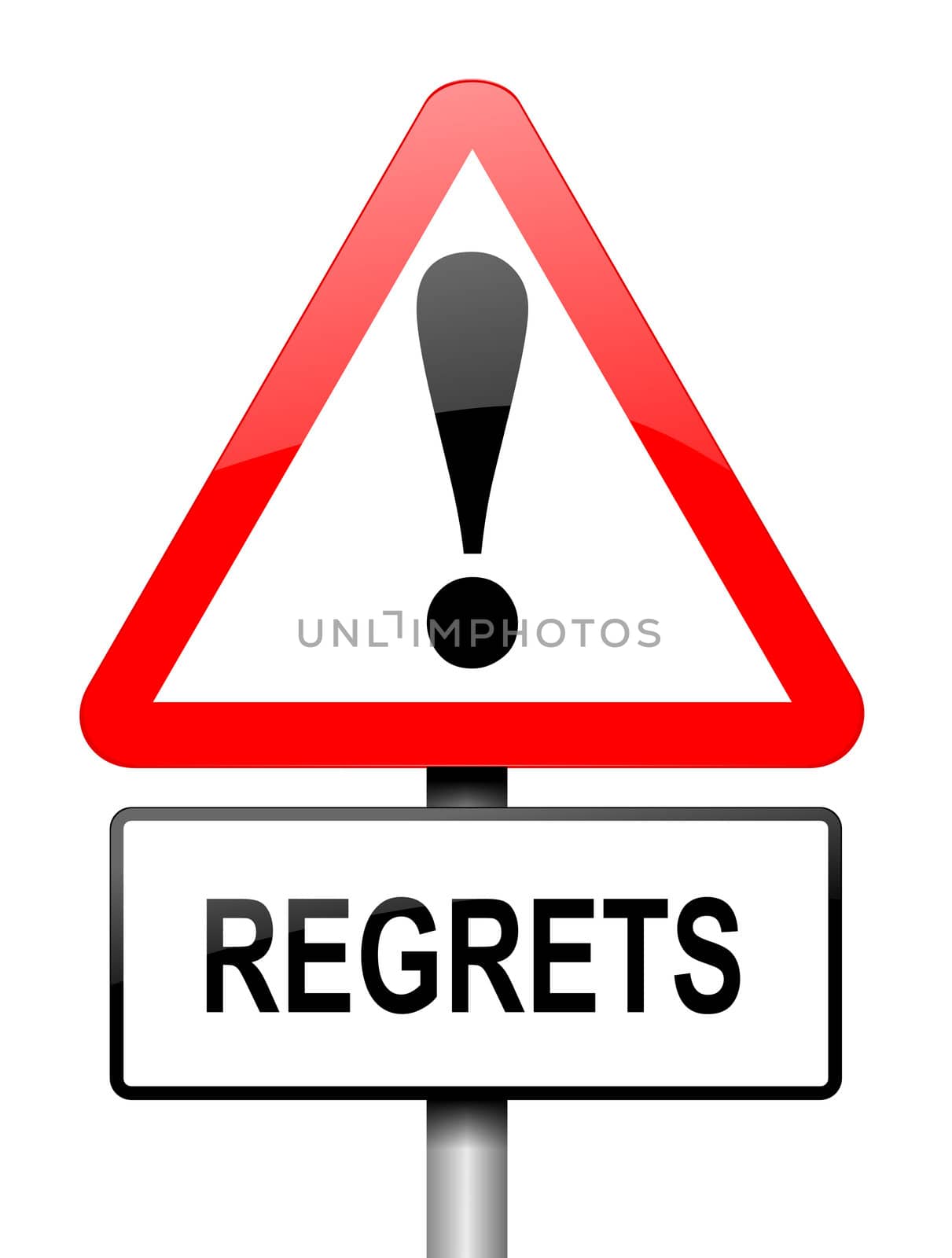 Illustration depicting a red and white triangular warning sign with a regrets concept. White background.