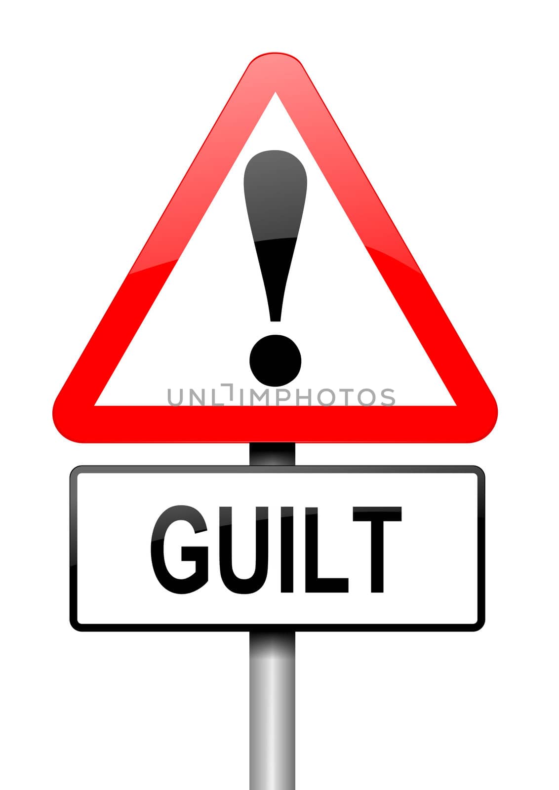 Illustration depicting a red and white triangular warning sign with a guilt concept. White background.