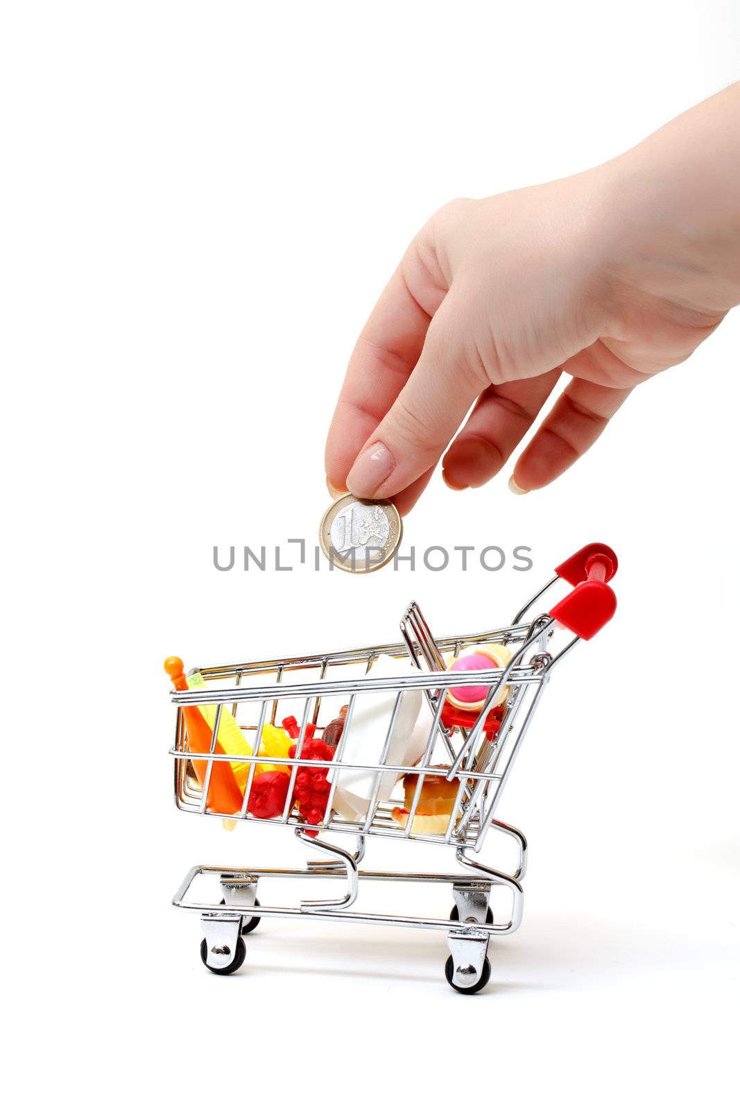 Shopping Cart with Hand and Coin on white background