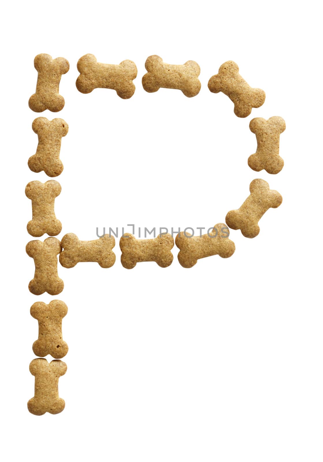 Letter P made of bone shape dog food on white background, shot directly from above