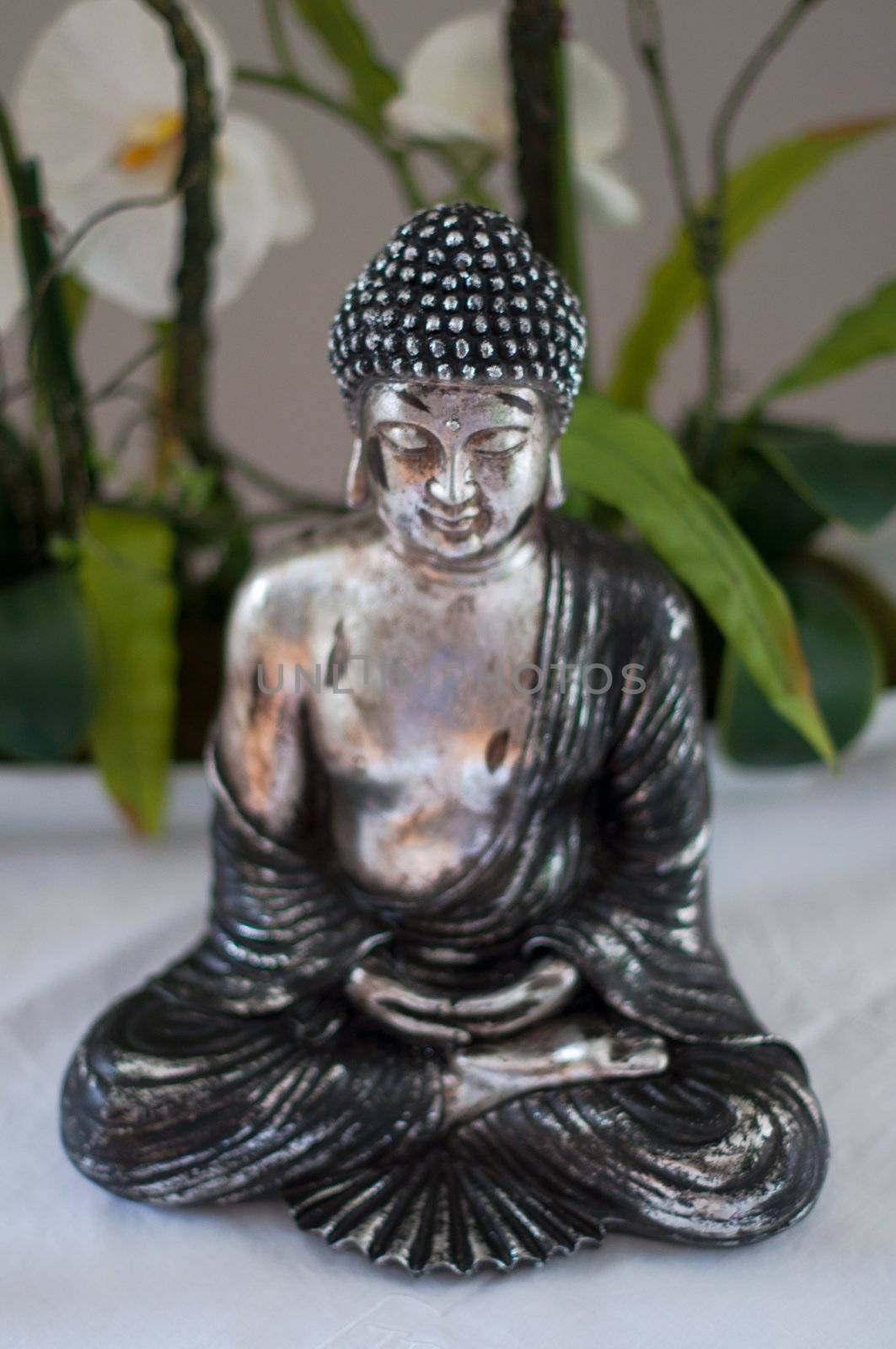 Silver Buddha figure with calla lilies background - face with shallow dof