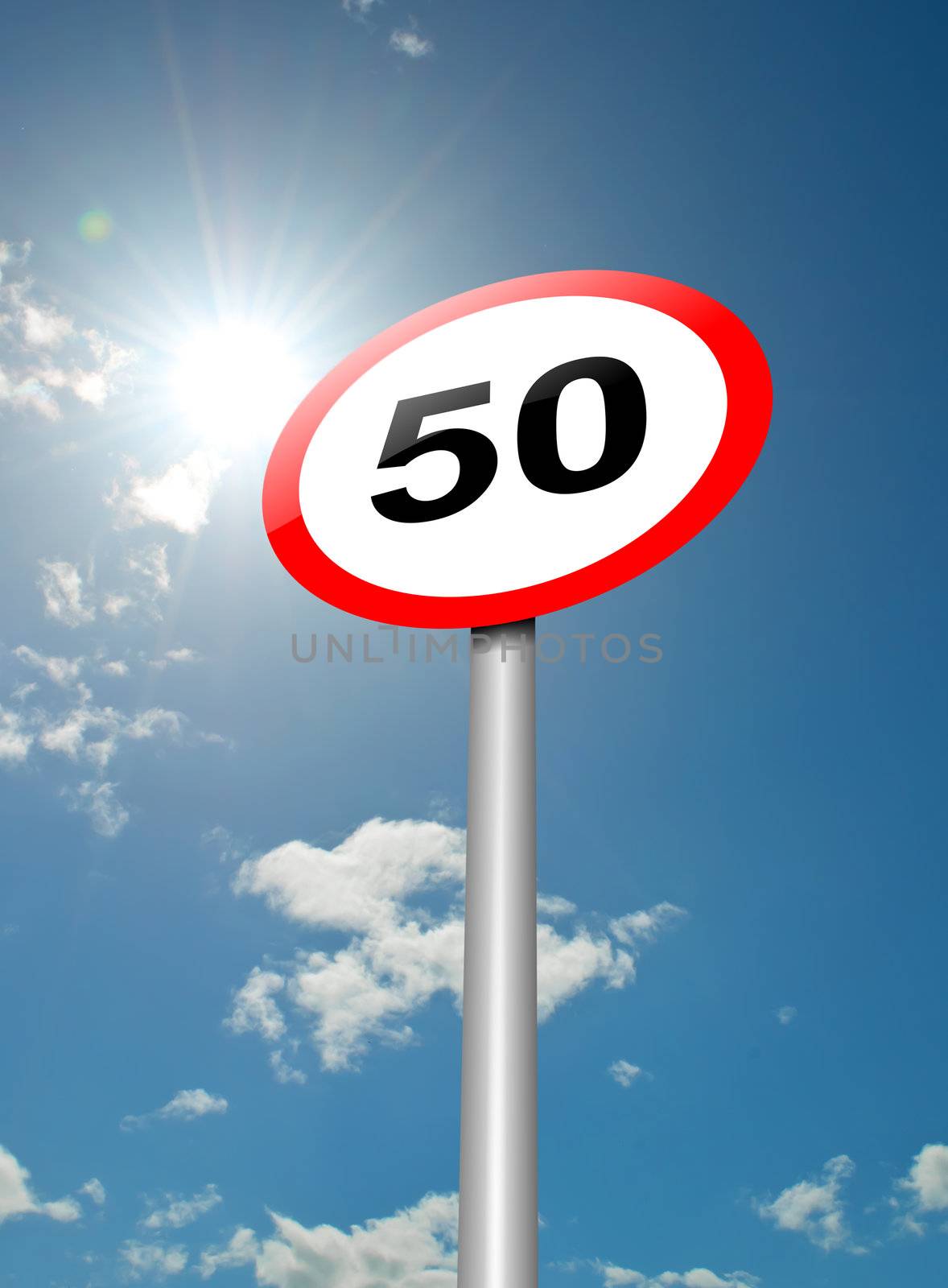 Illustration depicting a speed limit road sign against blue sky and sunlight background.
