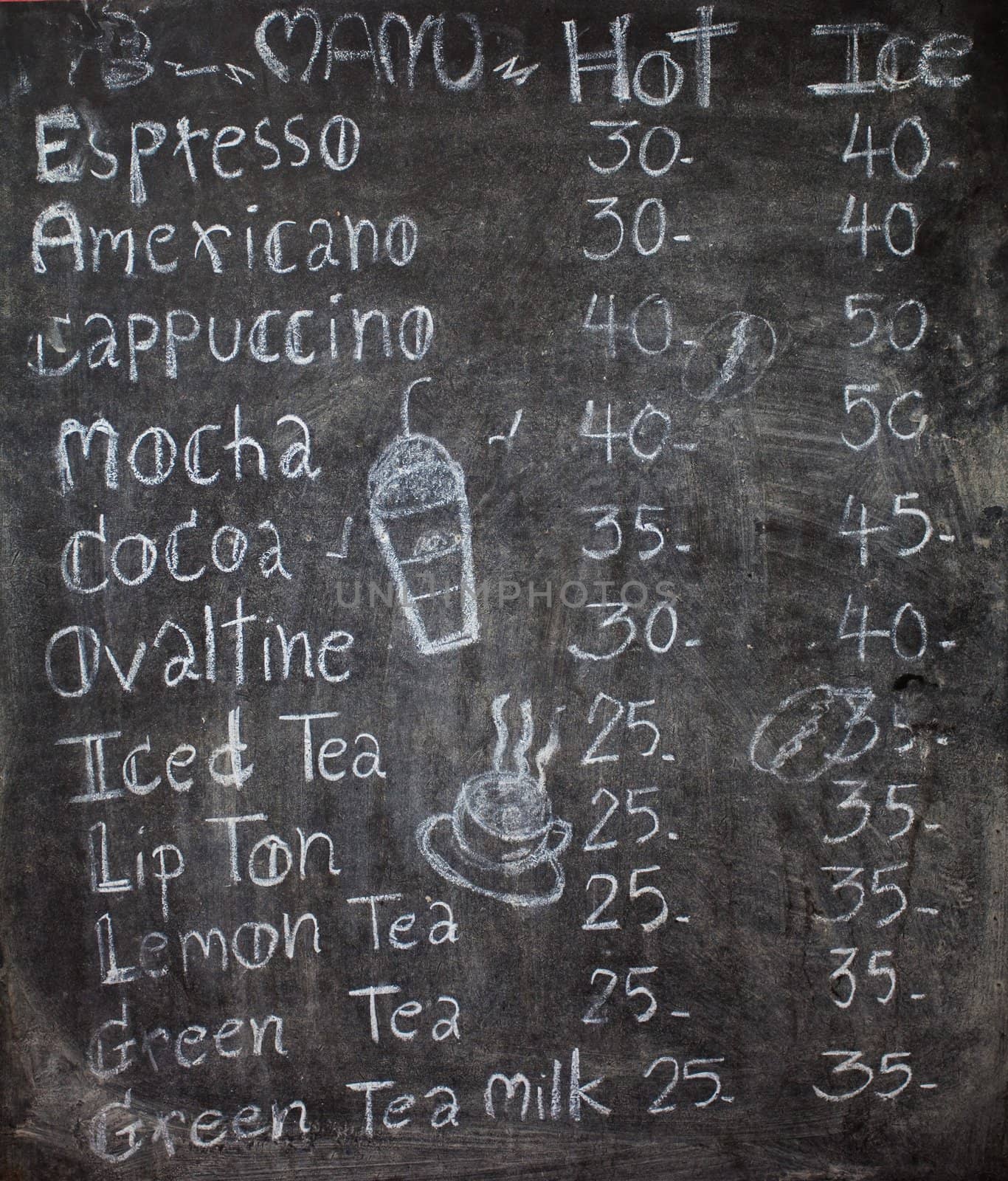 menu in front of coffee, chalk on black board: coffee, espresso, cappuccino