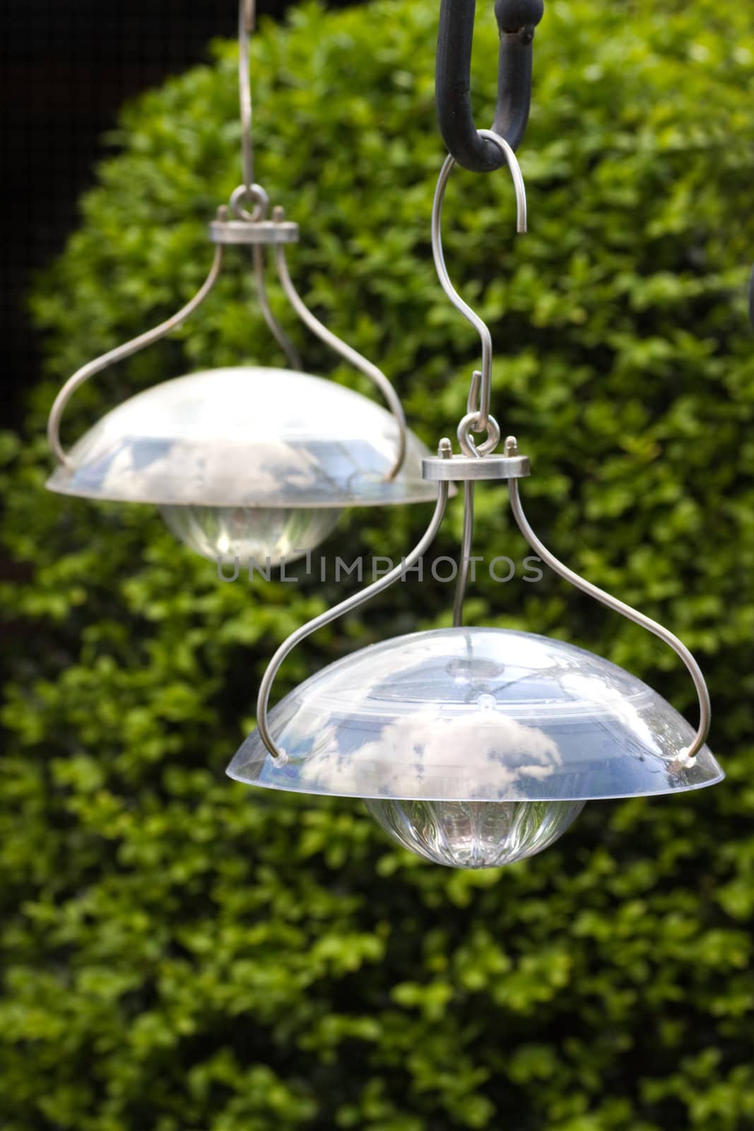 Decorative hanging solar lamps with reflection of clouds in sky to illuminate garden at night