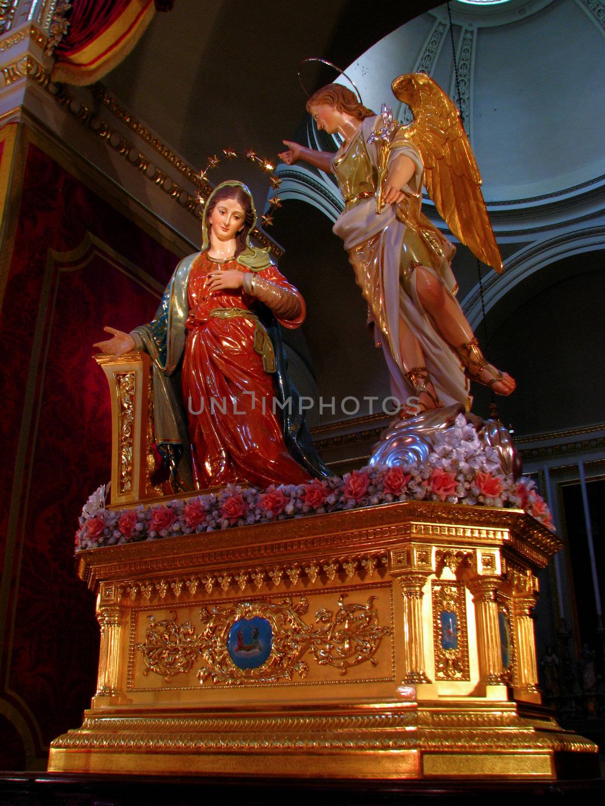 The statue of The Annunciation of Our Lord Jesus to The Blessed Virgin Mary by the Angel Gabriel displayed in Tarxien, Malta.