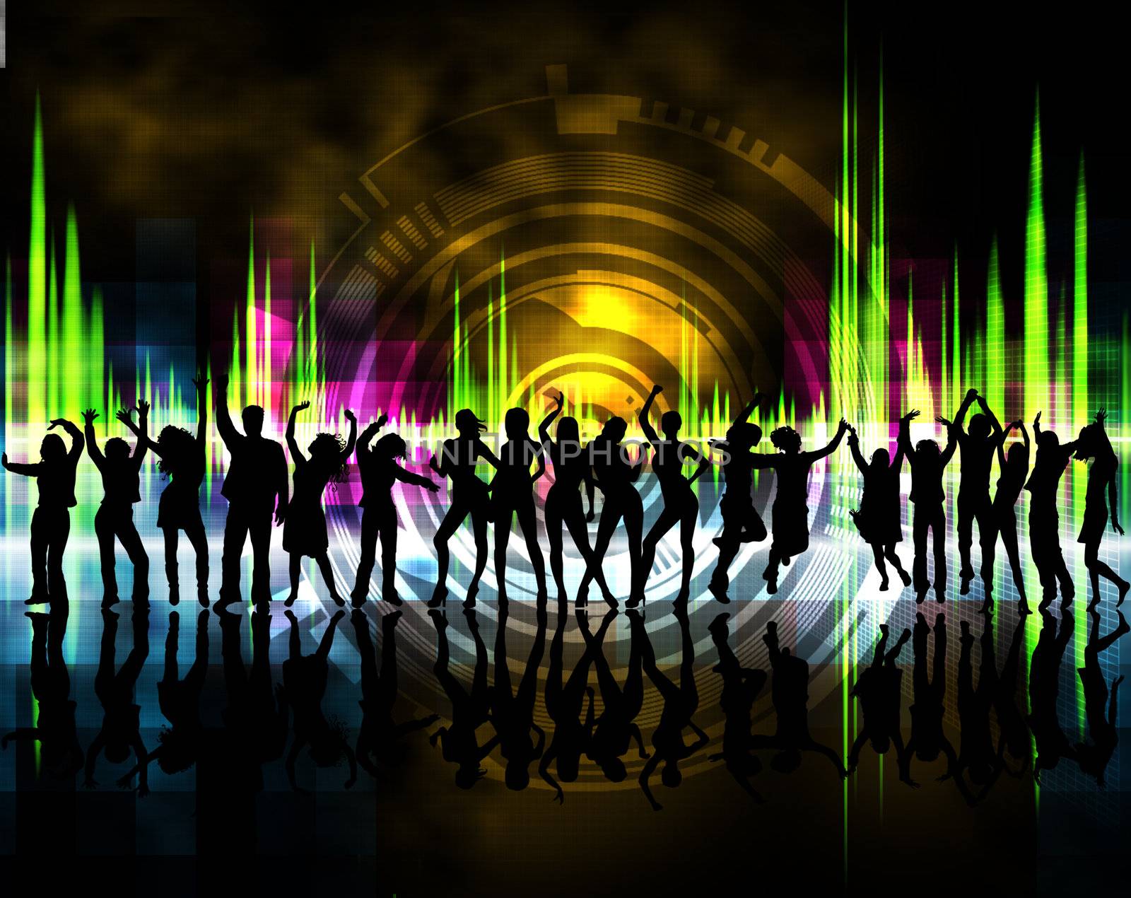 Silhouettes of boys and girls dancing with background color