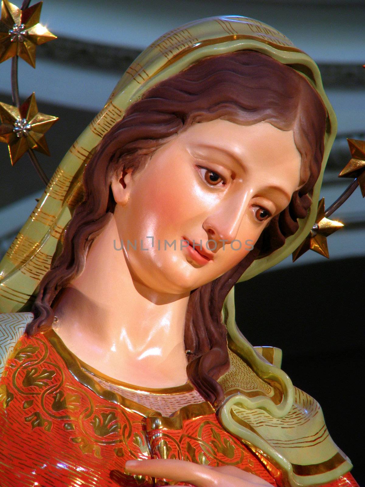 A detail of the statue of The Annunciation of Our Lord Jesus to The Blessed Virgin Mary by the Angel Gabriel displayed in Tarxien, Malta.