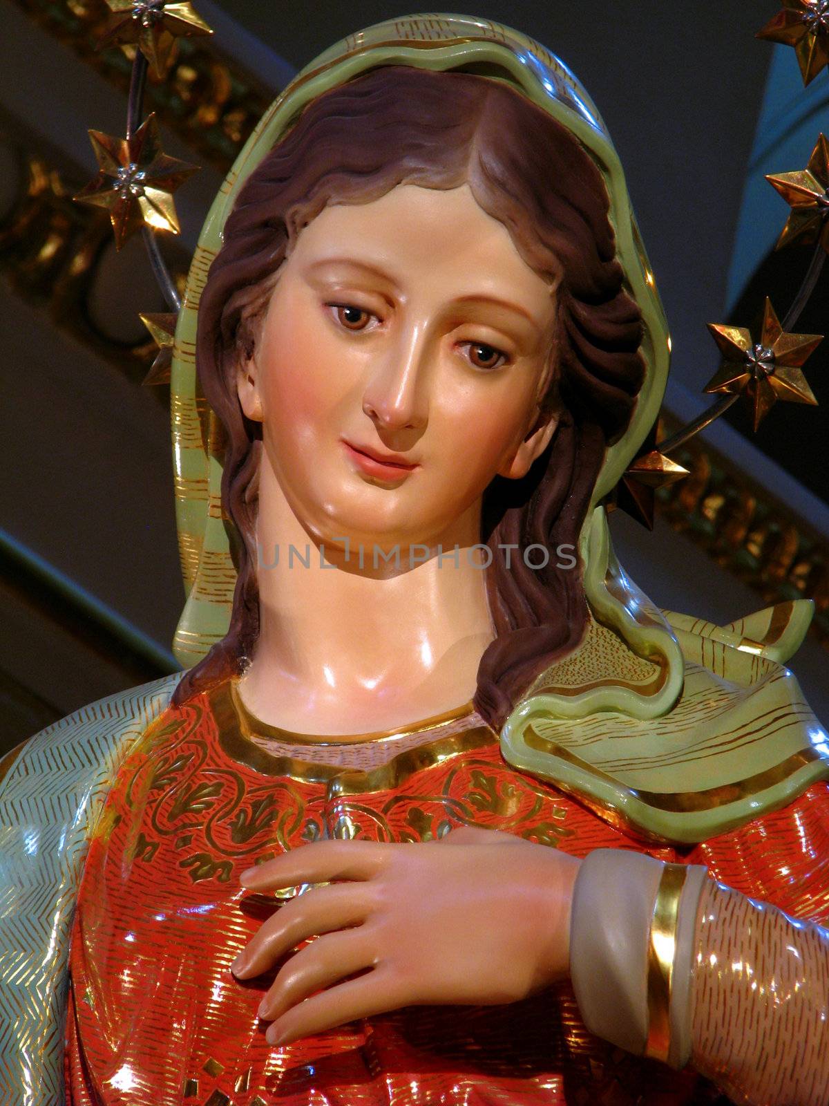 A detail of the statue of The Annunciation of Our Lord Jesus to The Blessed Virgin Mary by the Angel Gabriel displayed in Tarxien, Malta.