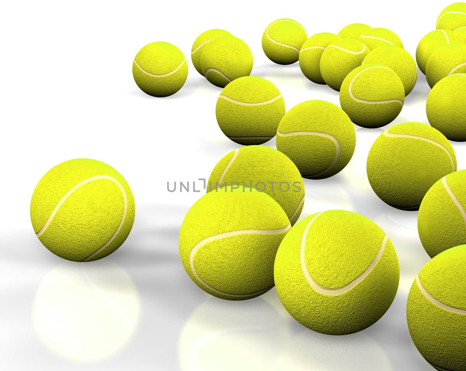 3d image of several tennis ball isolated in white