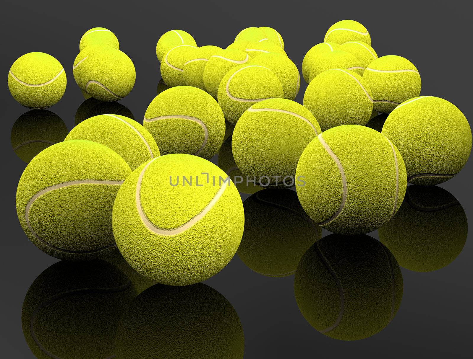 3d image of several tennis ball isolated in black background