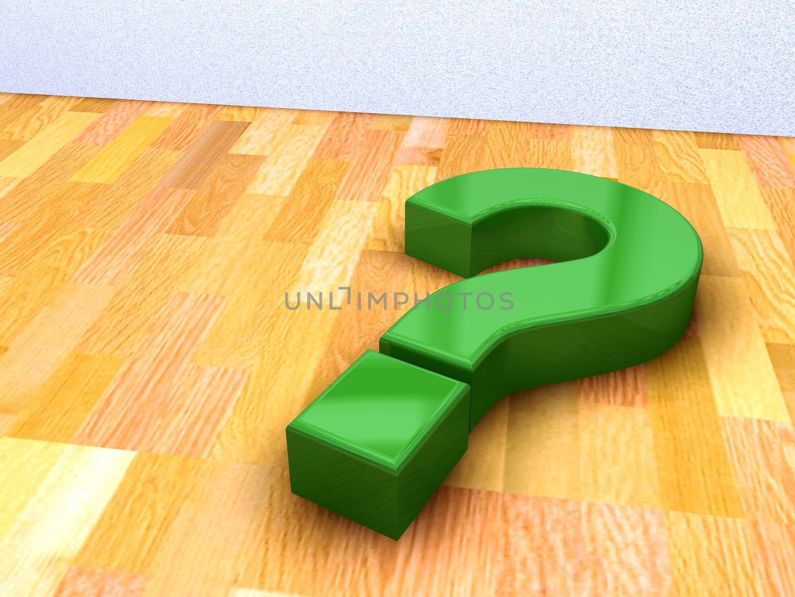 3d image of green question mark on a wood floor