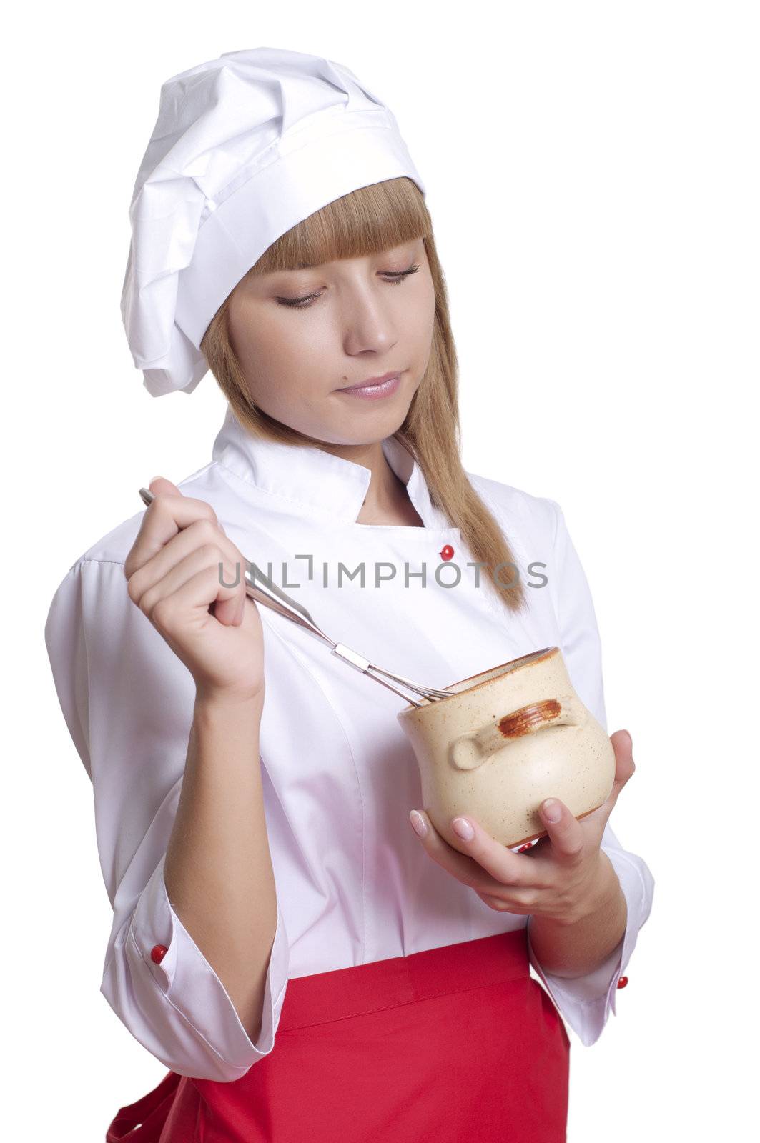 beautiful woman hold a pot of food, checks cooked