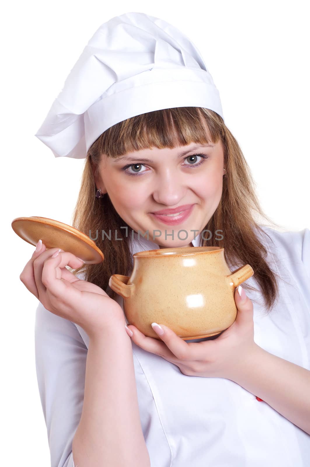 attractive woman keeps a pot of food, white background