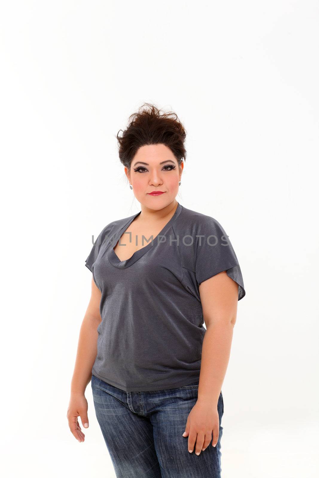 Sexy plus size woman in grey shirt