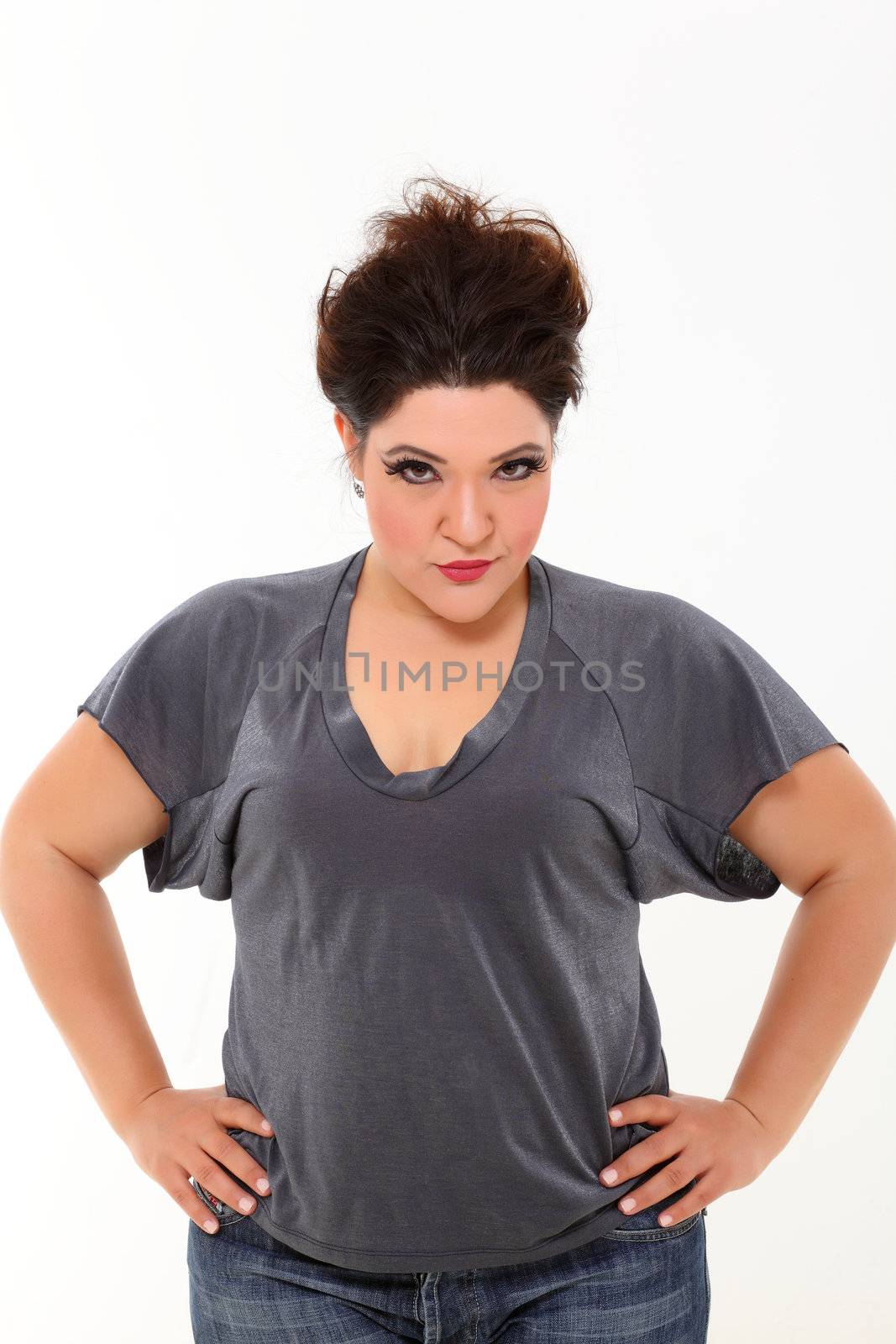 Sexy plus size woman in grey shirt