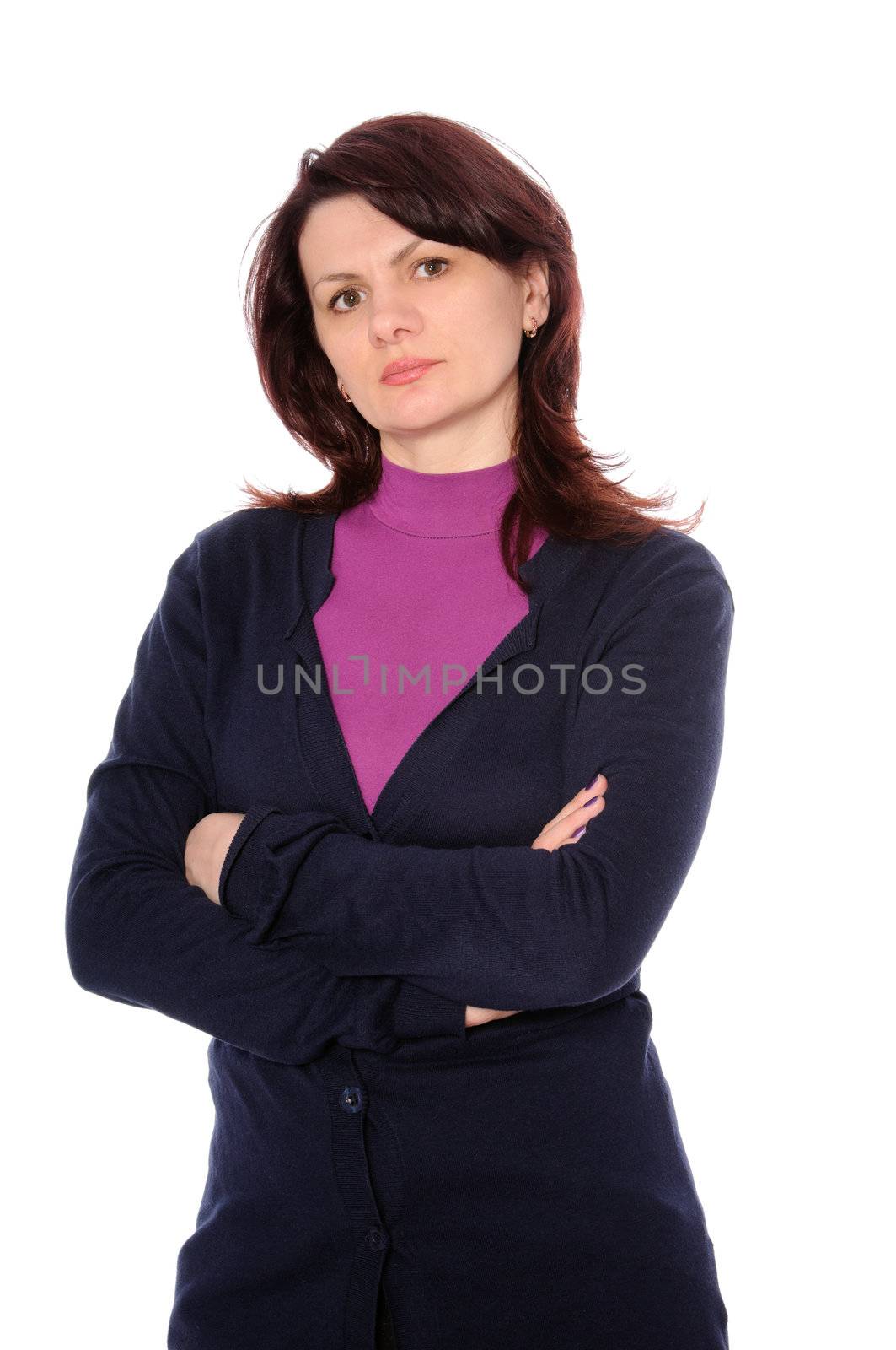 woman in the dark blue cardigan isolated on white background