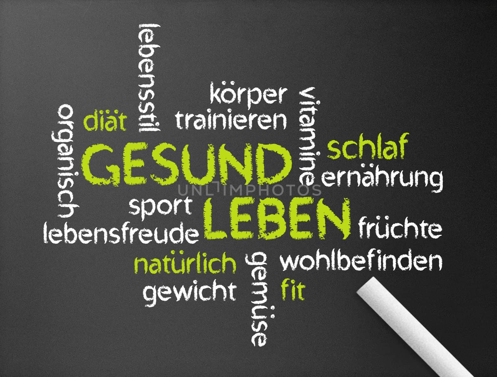 Dark chalkboard with a Gesund Leben word illustration. 