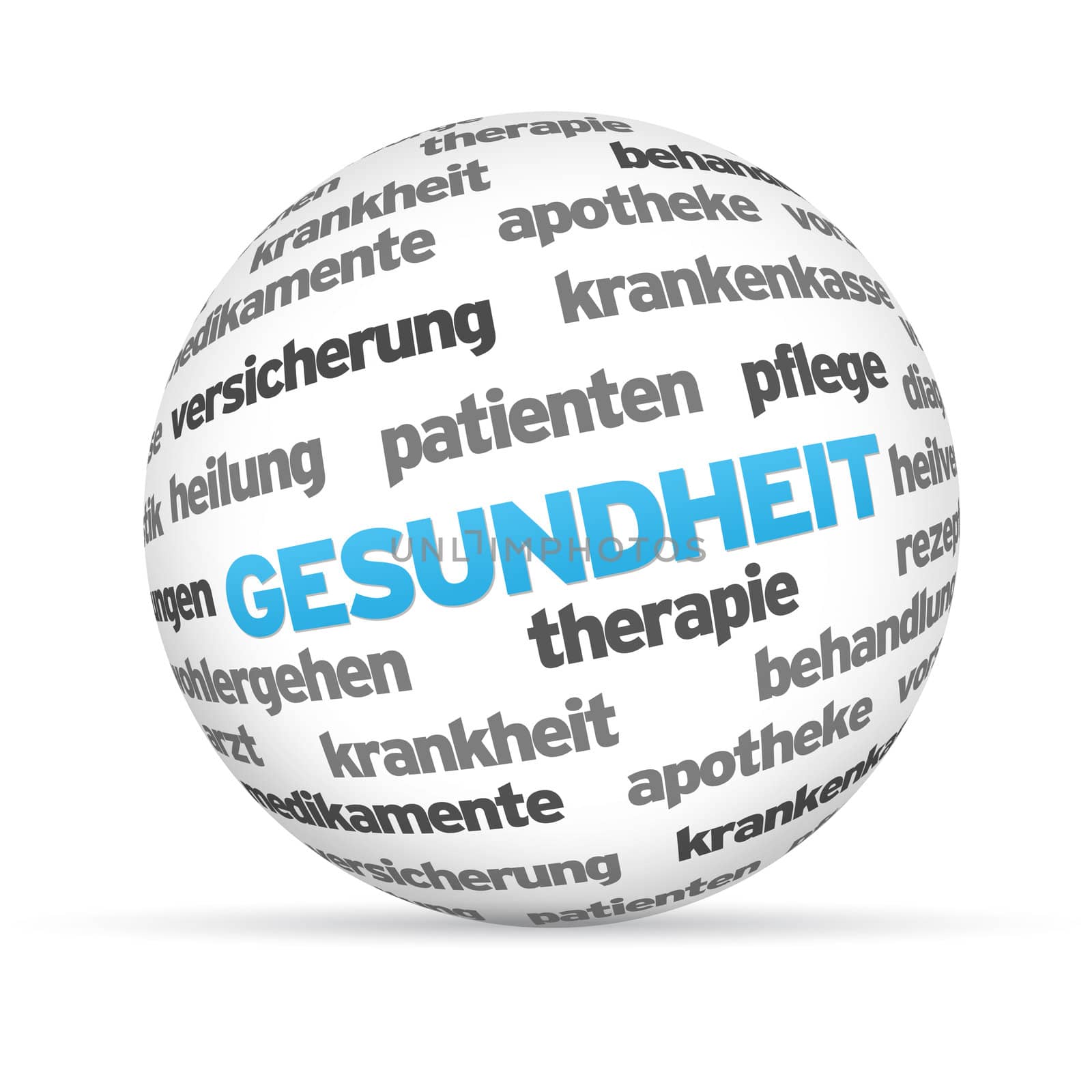 3d Gesundheit Word Sphere on white background.