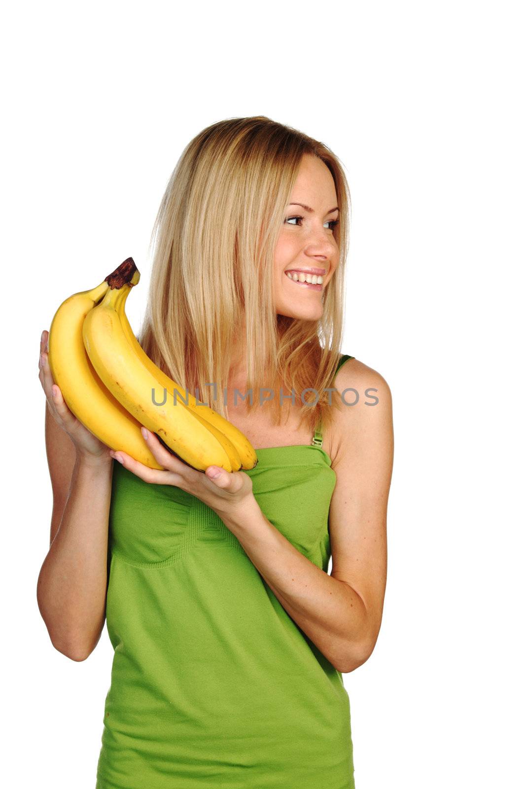 woman holding a bunch of bananas on white background