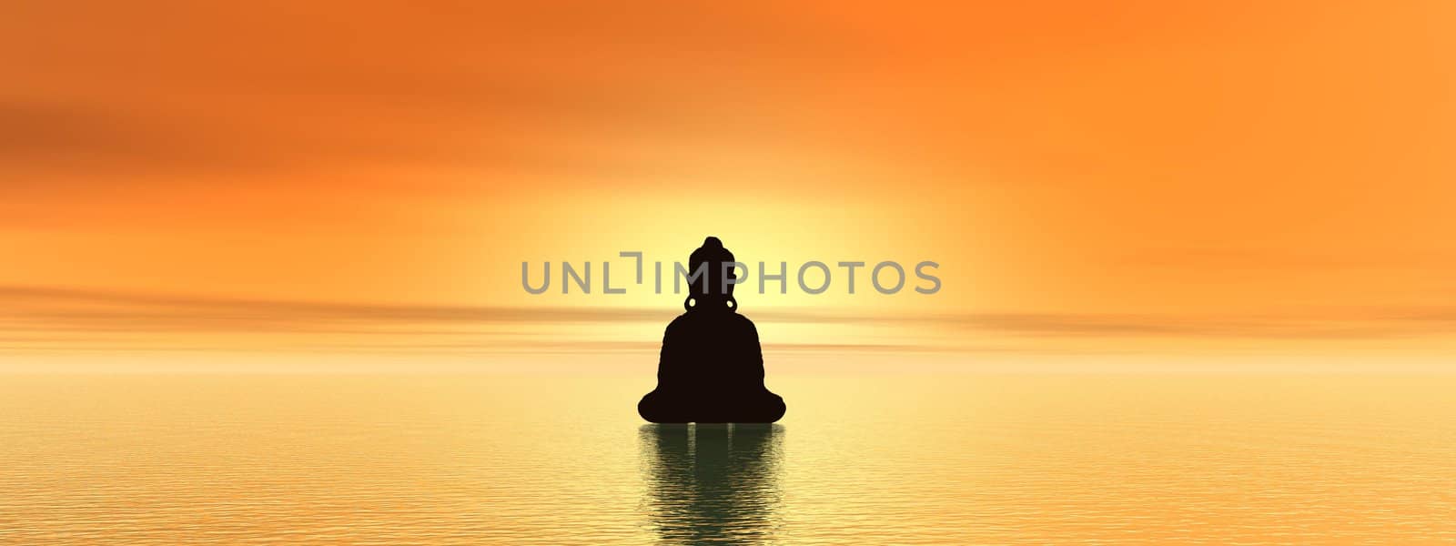 Bouddist meditating upon water at sunset time