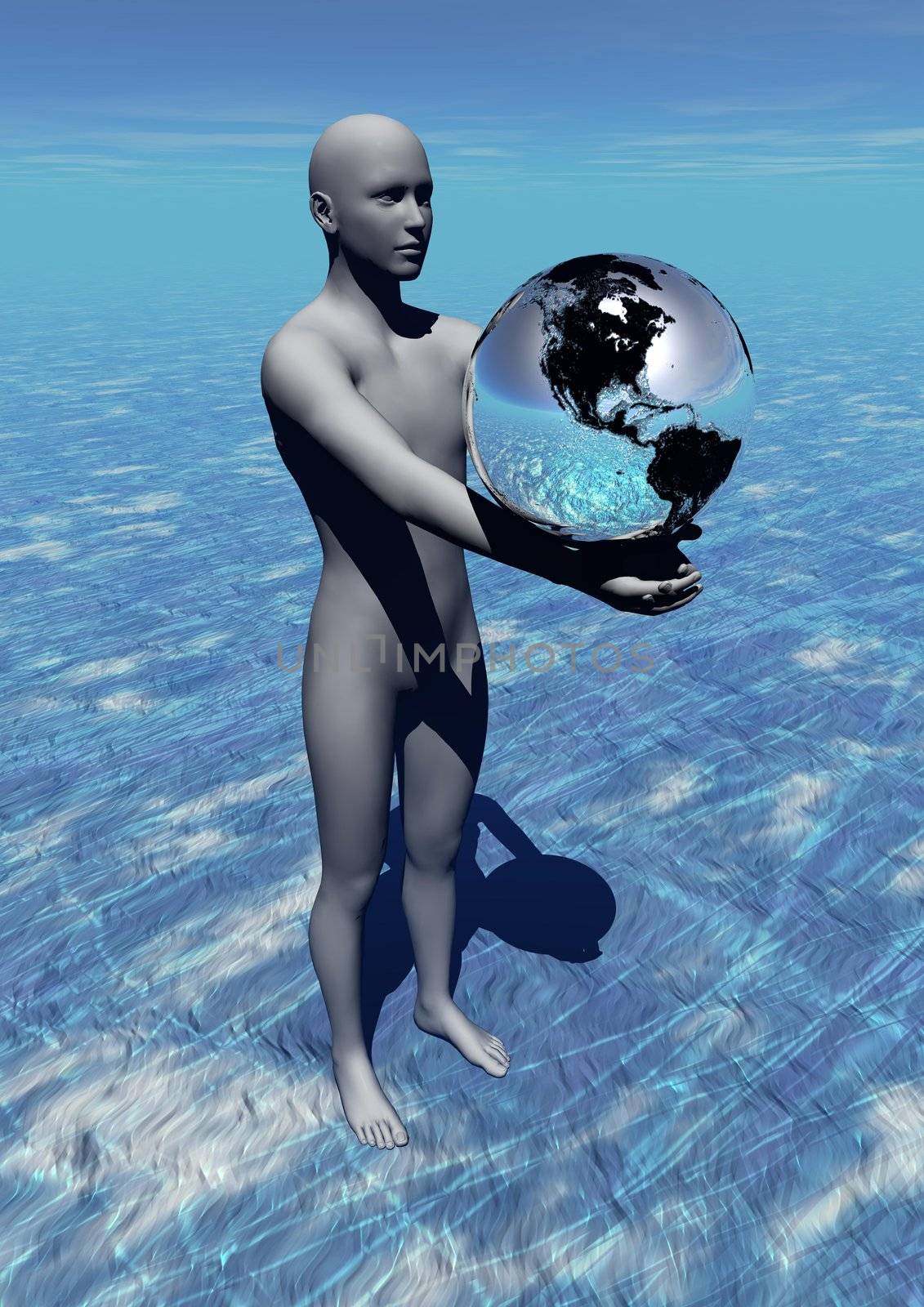 Human holding earth as to protect it in blue background