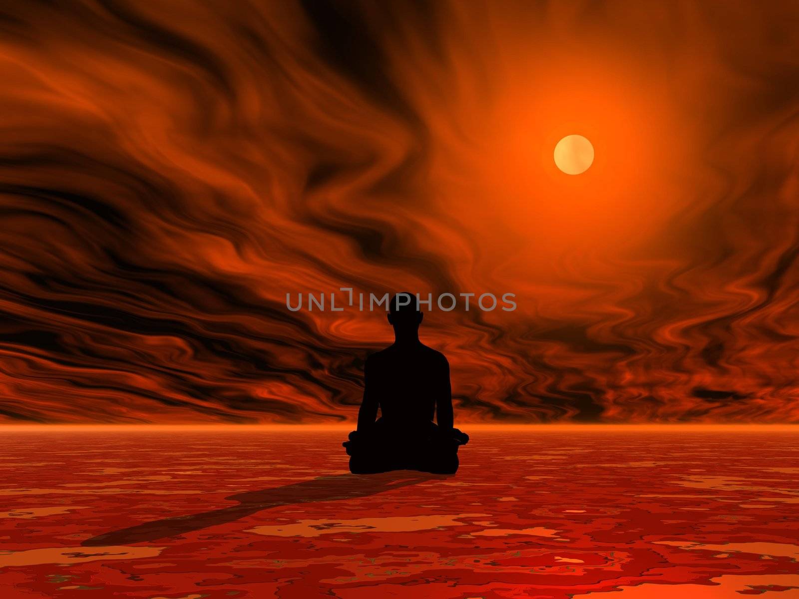 Man meditating on red ground in front of burning sun