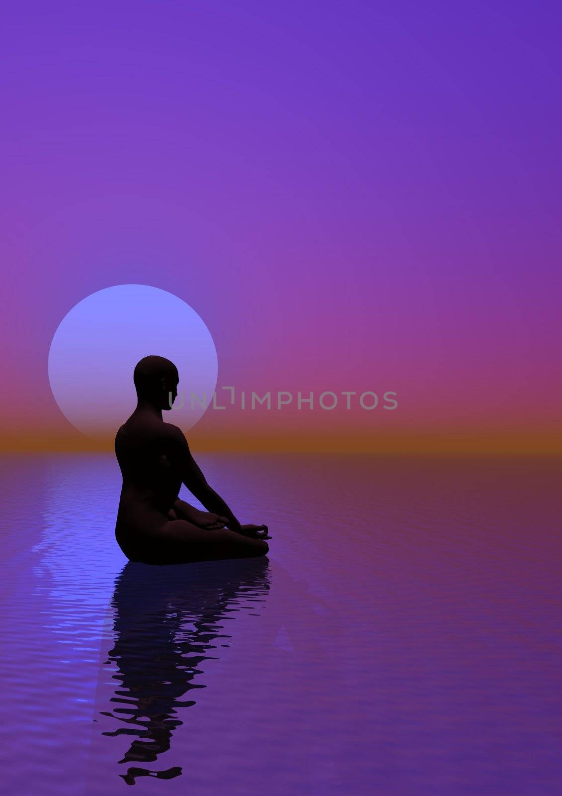 Human meditation upon ocean next to the moon by beautiful violet background light