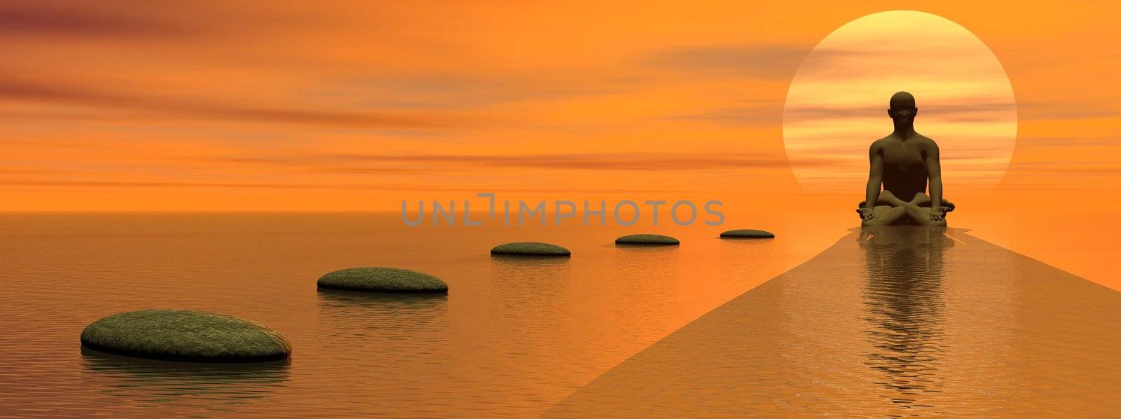 Steps over the ocean to meditating man in front of the sun by beautiful sunset