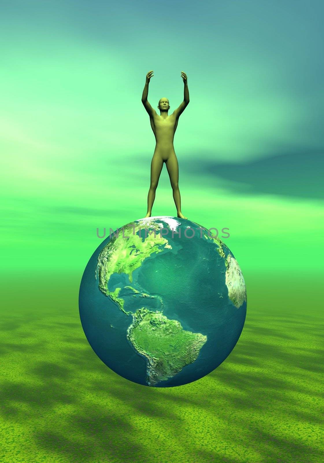 Human upon a green earth asking help to save the planet