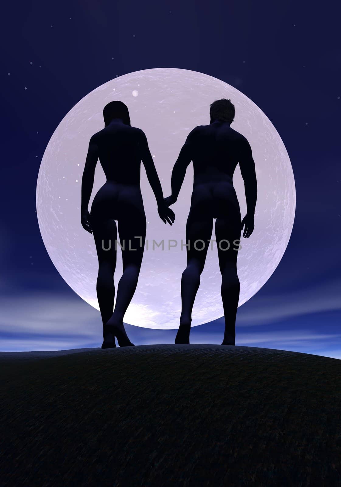 Lovers couple walking toward a beautiful full moon by night