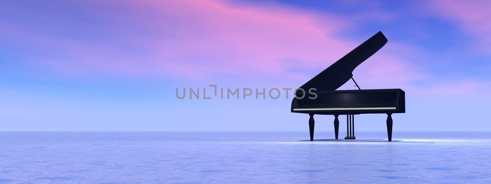 Piano standing alone in the nature by pink and blue sunset byckbround