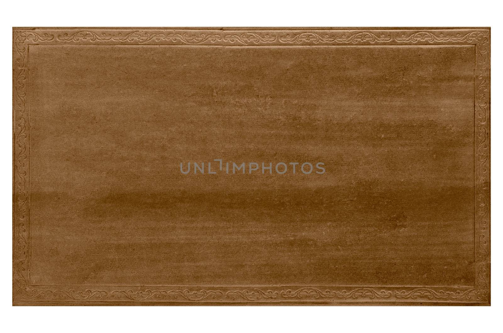 Part of a brown woodboard texture with floral motivs frame isolated on white background.