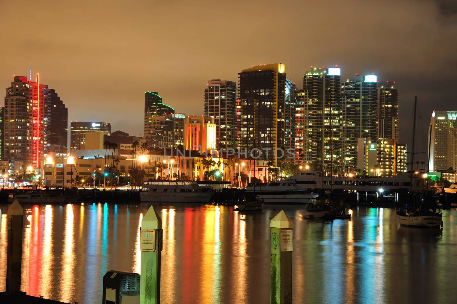 Lights from downtown towers reflect in the calm water of San Diego Bay in Southern California.