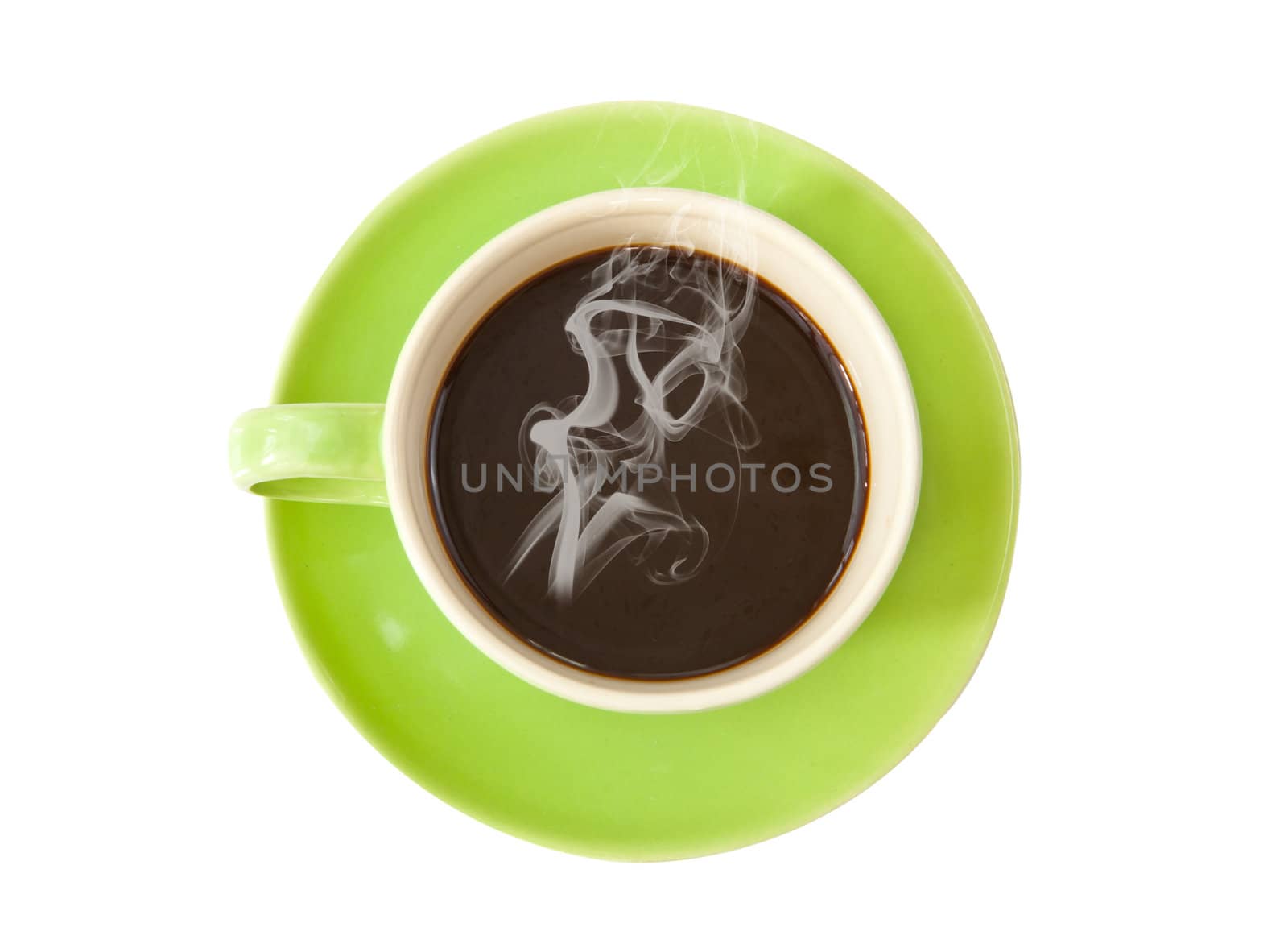 green cup of hot coffee on white background