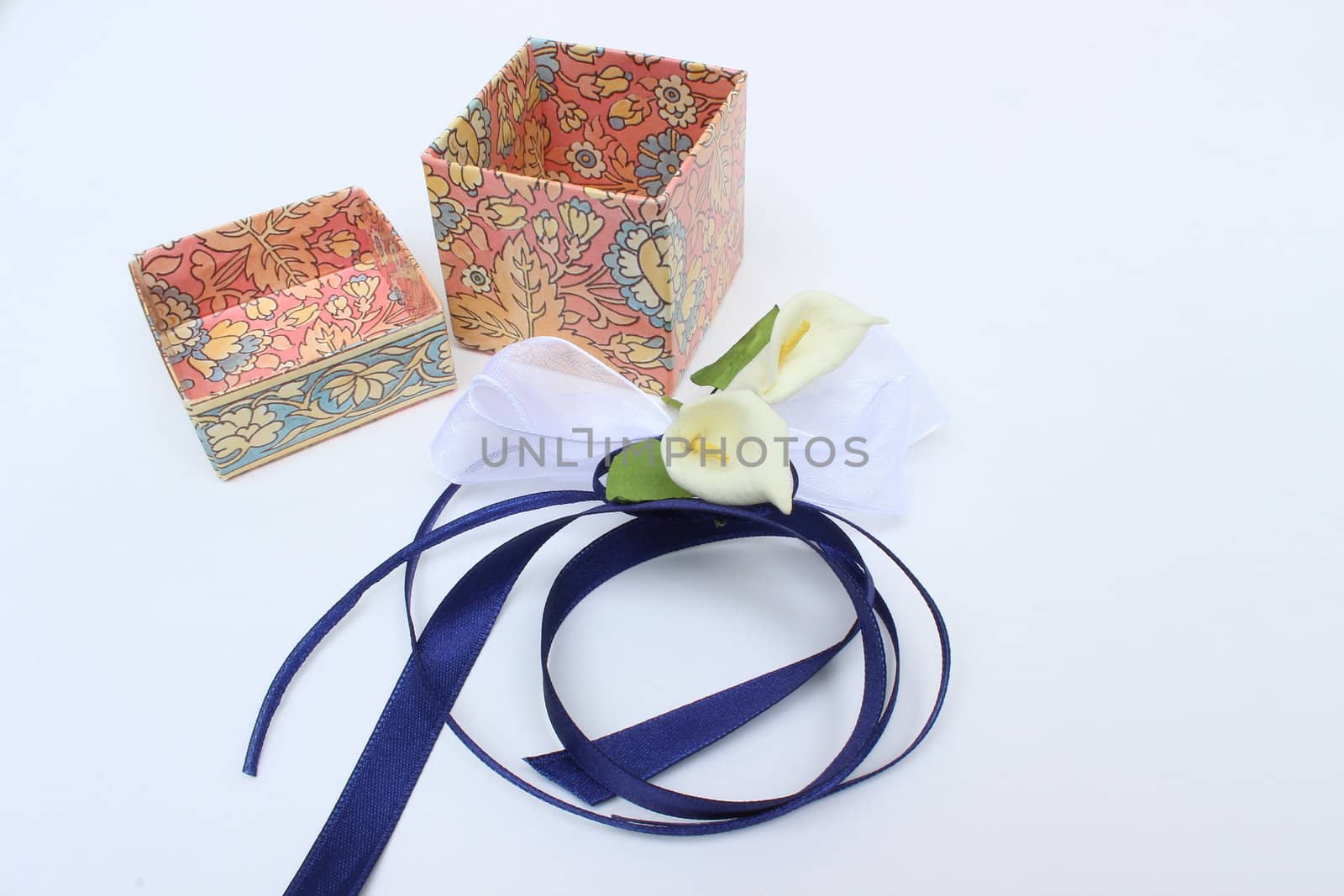 opened gift box with decorative ribbon and flowers
