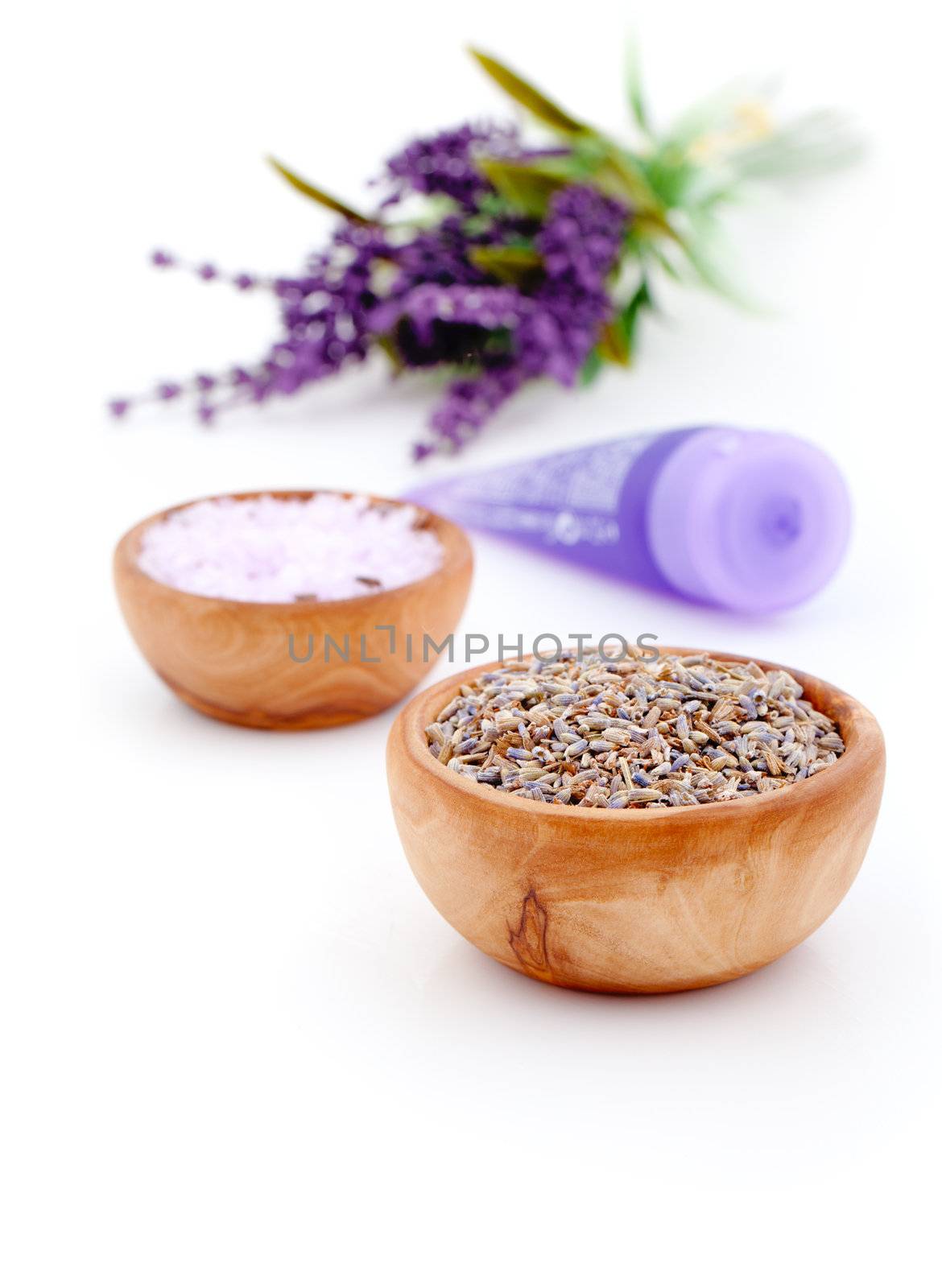 dry Lavender herbs and bath salt  isolated on white background by motorolka