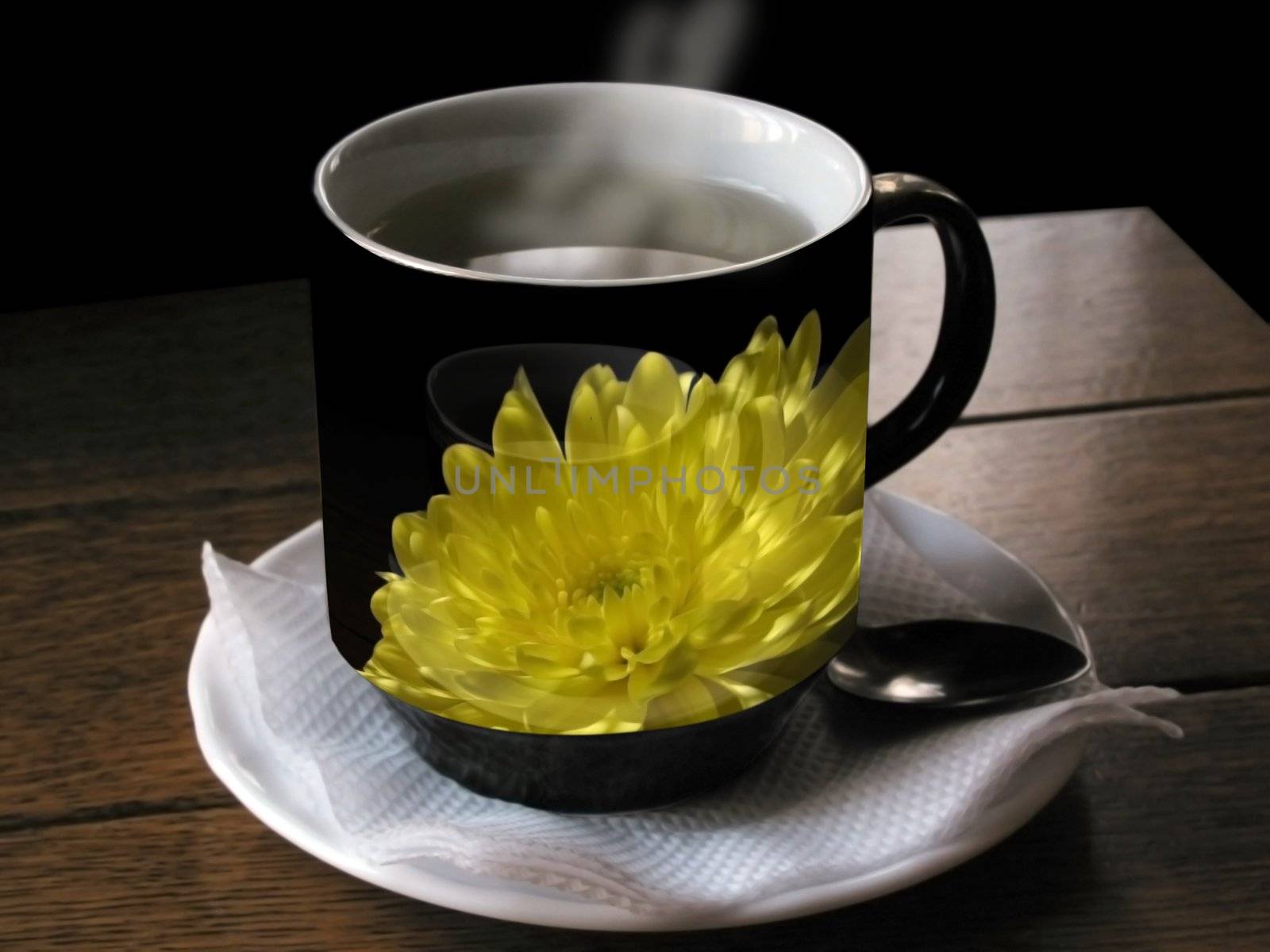 cup of hot tea on wooden table